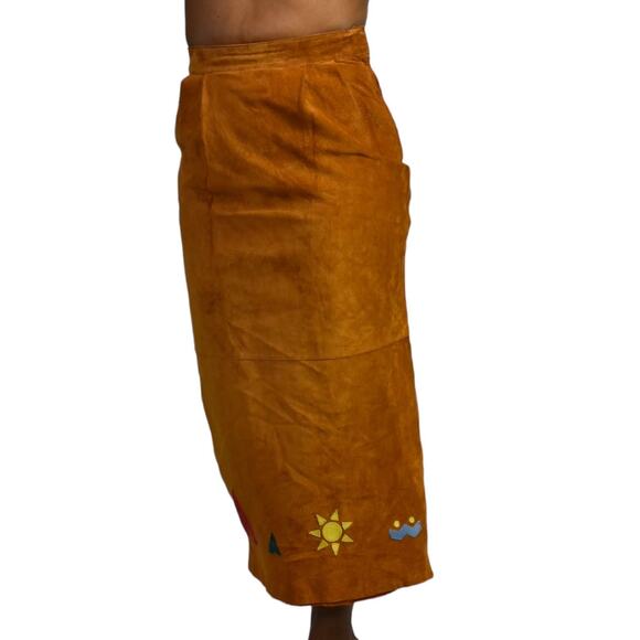 Vintage Eagles Eye Suede Skirt Brown Embroidered Straight Column Camel Size 2 XS - Picture 13 of 15